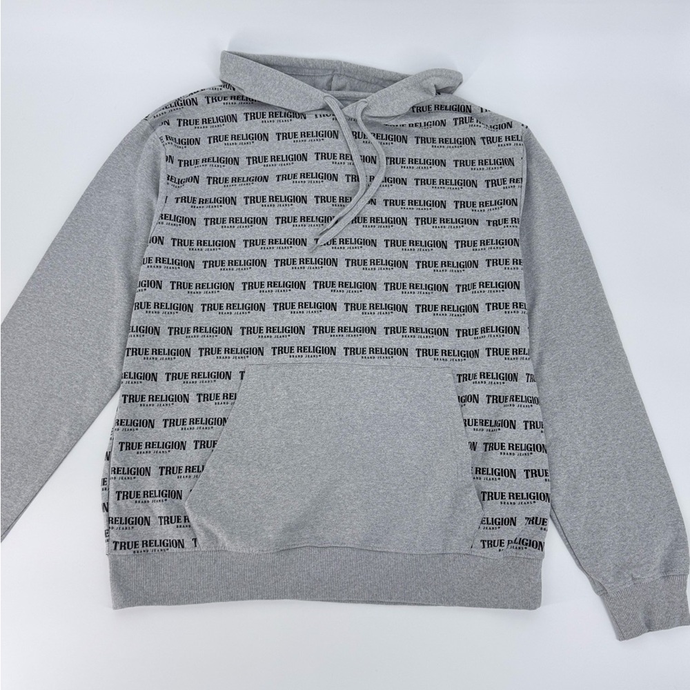 True Religion All Over Logo Hoodie XL Gray Pullover Streetwear Sweatshirt